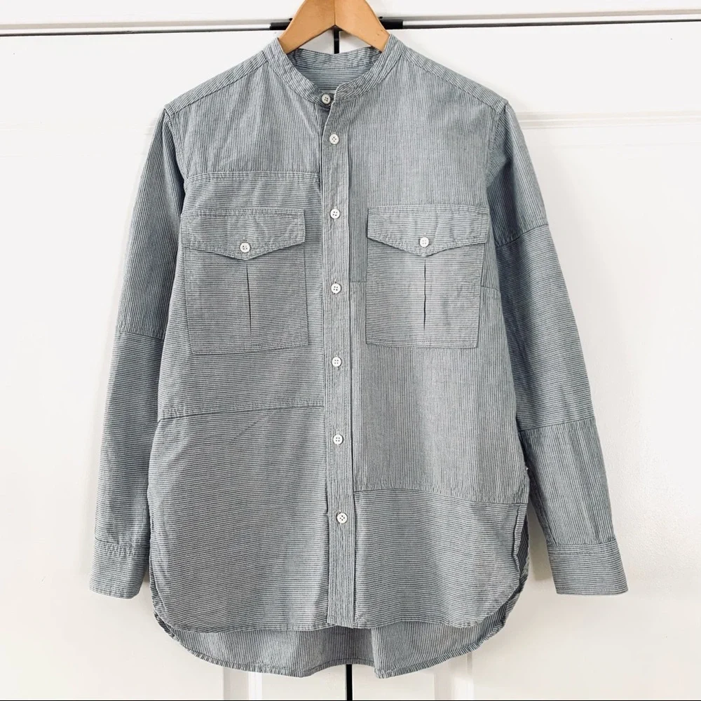 Billy Reid Sz XS Button Down Shirt Band Collar Patchwork Stripe Cotton Menswear - Picture 9 of 9